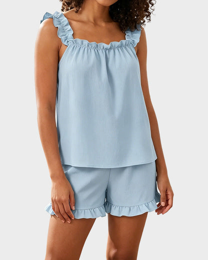 2-Piece Soft Pajama Set with Ruffle Tank Top & Shorts