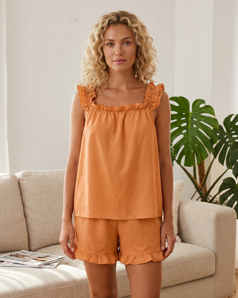 2-Piece Soft Pajama Set with Ruffle Tank Top & Shorts