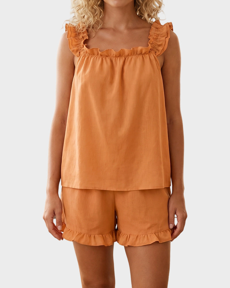2-Piece Soft Pajama Set with Ruffle Tank Top & Shorts