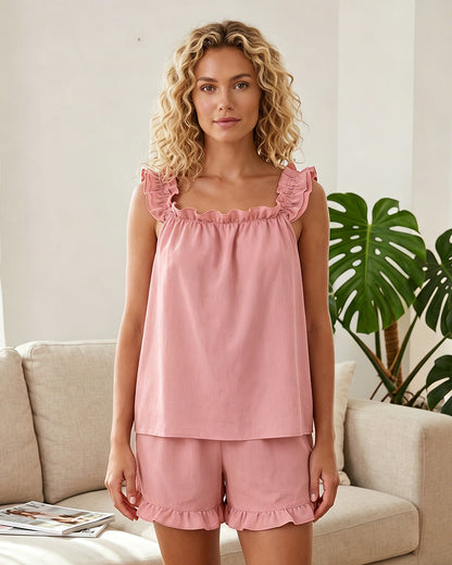 2-Piece Soft Pajama Set with Ruffle Tank Top & Shorts