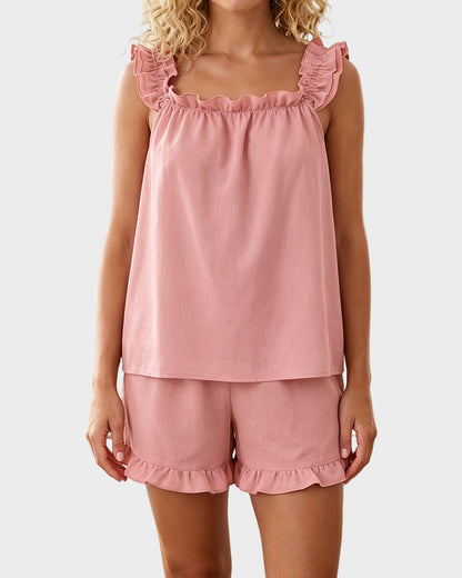 2-Piece Soft Pajama Set with Ruffle Tank Top & Shorts