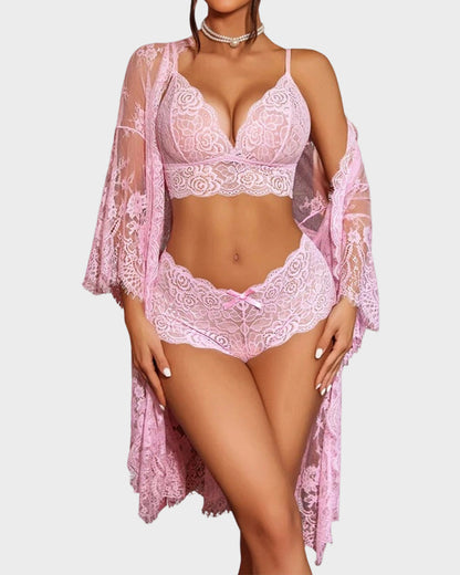 3-Piece Sheer Floral Lace Sleepwear Set