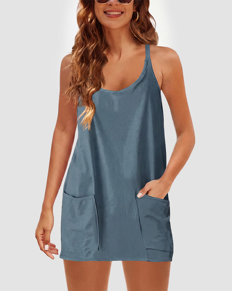 Adjustable Strap Active Mini Dress with Built-In Shorts & Pockets