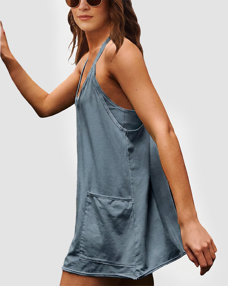 Adjustable Strap Active Mini Dress with Built-In Shorts & Pockets
