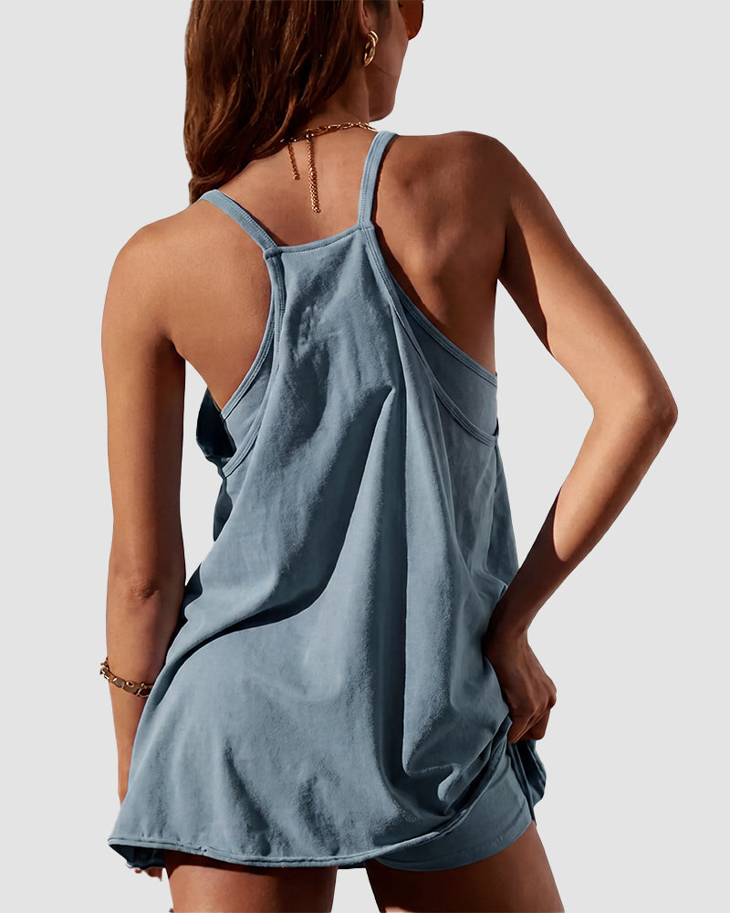 Adjustable Strap Active Mini Dress with Built-In Shorts & Pockets