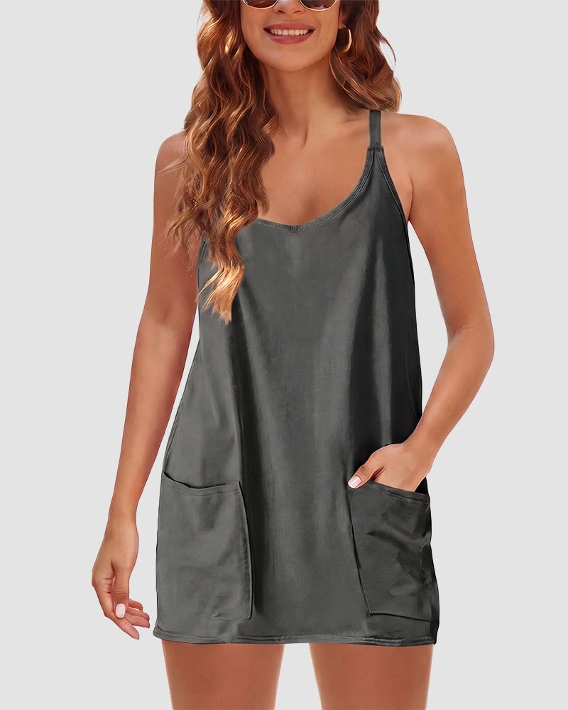 Adjustable Strap Active Mini Dress with Built-In Shorts & Pockets