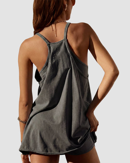 Adjustable Strap Active Mini Dress with Built-In Shorts & Pockets