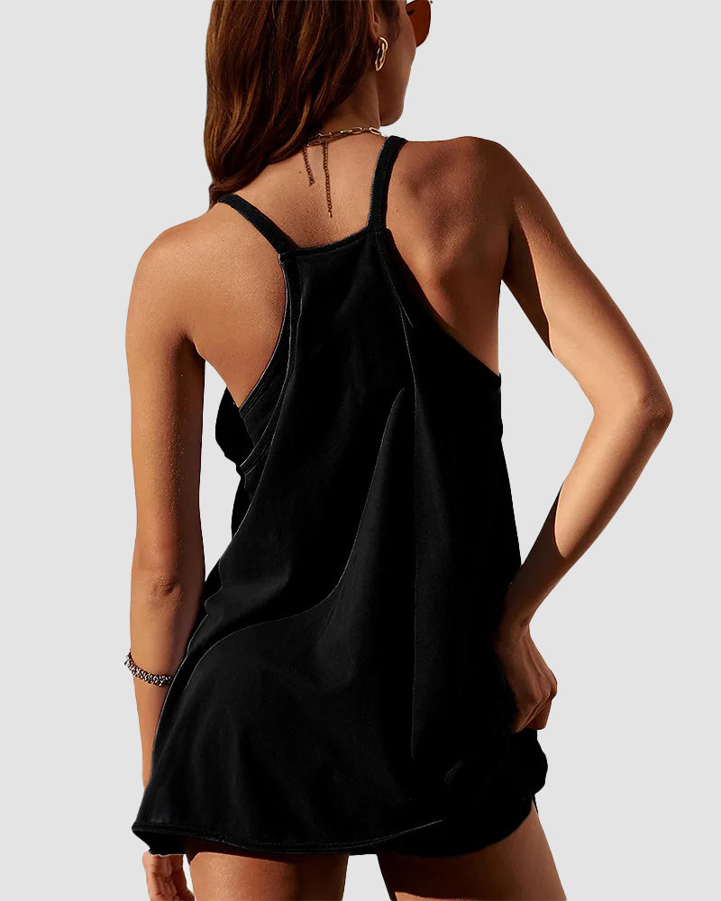 Adjustable Strap Active Mini Dress with Built-In Shorts & Pockets