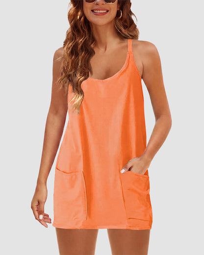 Adjustable Strap Active Mini Dress with Built-In Shorts & Pockets