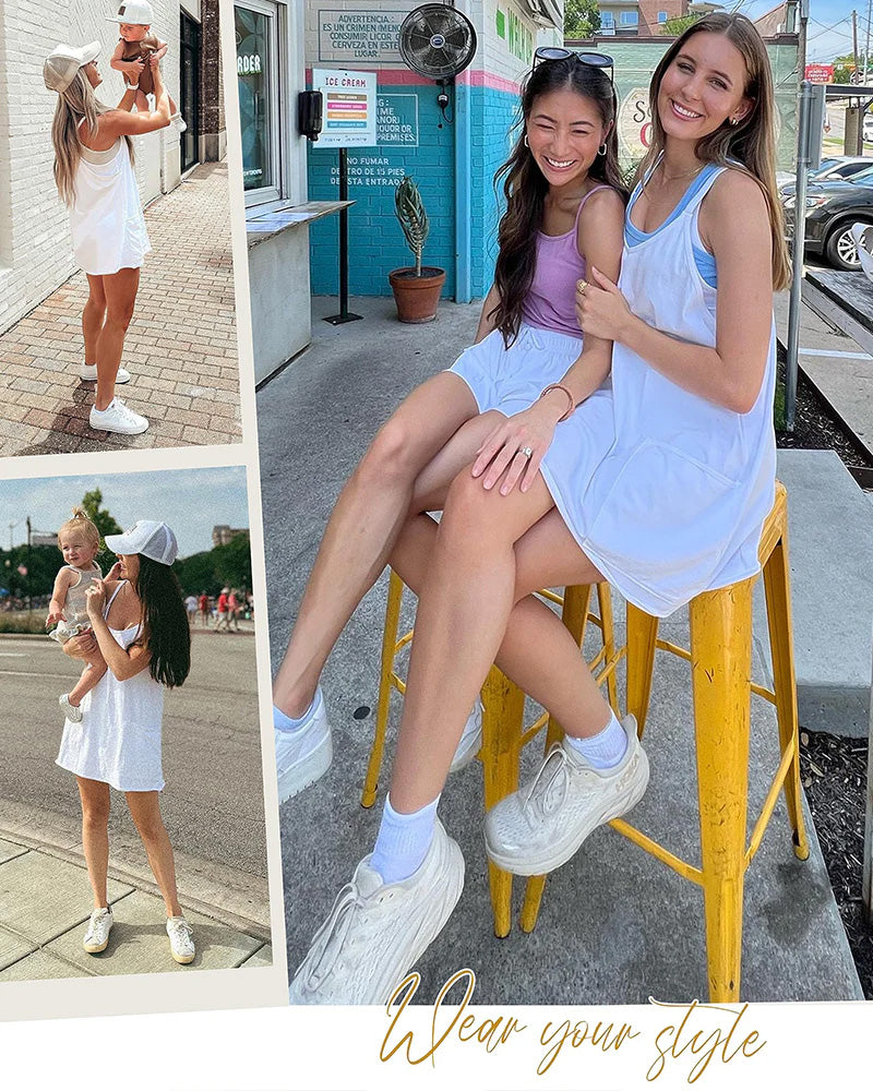 Adjustable Strap Active Mini Dress with Built-In Shorts & Pockets