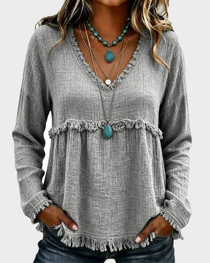 Boho Fringe V-Neck Long-Sleeve Babydoll Blouse