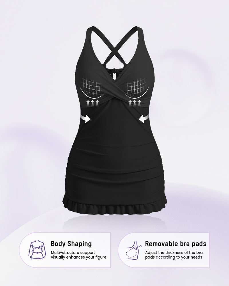 Deep V Cross-Back Ruched One-Piece Swimsuit