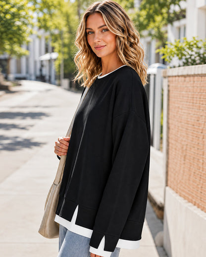 Faux-Layer Rib-Trim Oversized Crewneck Sweatshirt