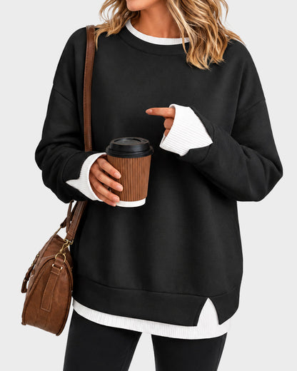 Faux-Layer Rib-Trim Oversized Crewneck Sweatshirt