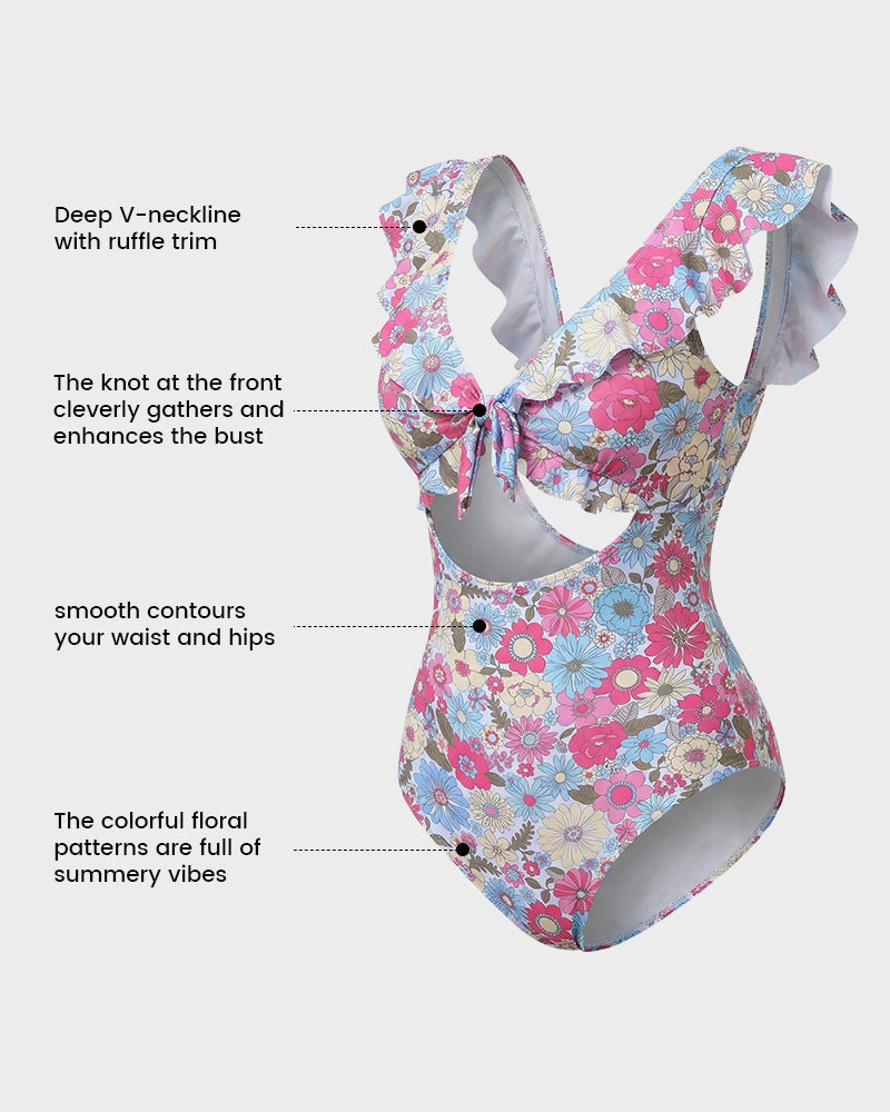 Floral Ruffle V-Neck Cutout One-Piece Swimsuit