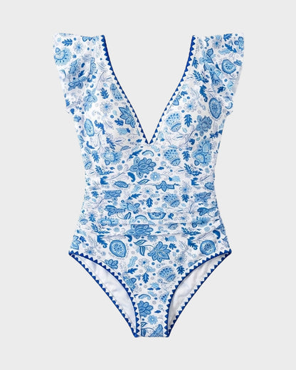 Floral V-Neck Tummy Control One-Piece Swimsuit