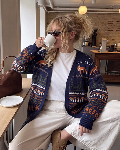 Fox Fair Isle Open-Front Knit Cardigan