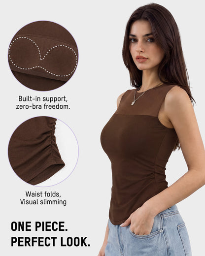 Illusion-Mesh Ruched Top with Built-In Cups