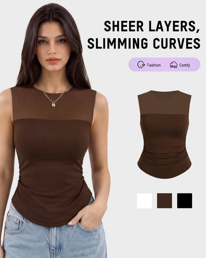 Illusion-Mesh Ruched Top with Built-In Cups