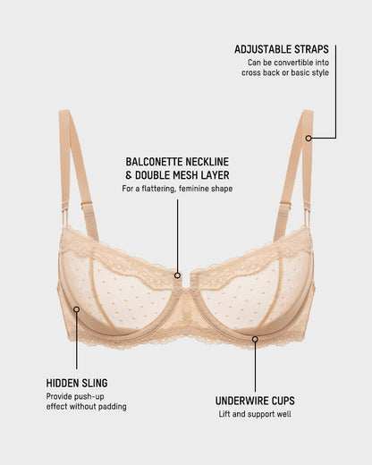 Lace Underwire Unlined Sheer Demi Balconette Bra