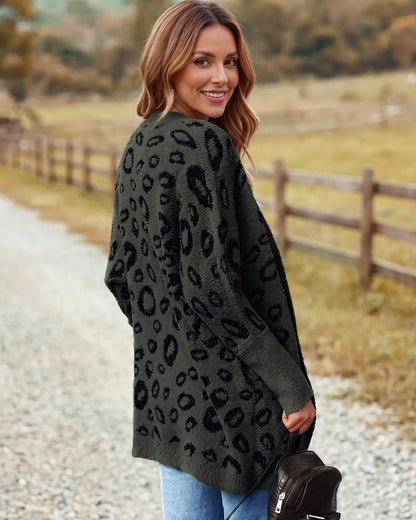 Leopard-Print Open-Front Knit Cardigan with Pockets