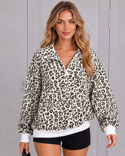 Leopard-Print Half-Zip Oversized Pullover