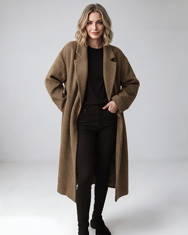 Long Double-Breasted Notched-Lapel Coat