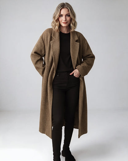 Long Double-Breasted Notched-Lapel Coat
