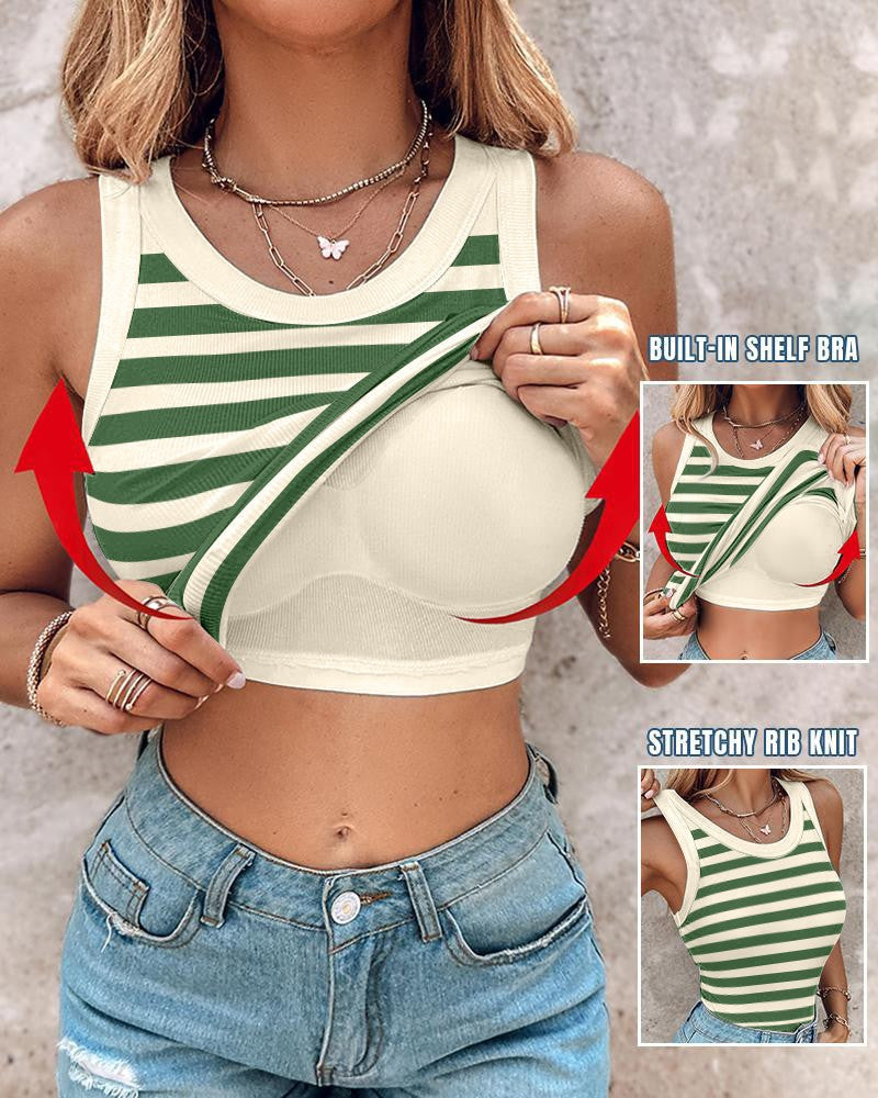 Tank Top with Built in Bra, Round Neck Ribbed Tank Top with Bra Pads