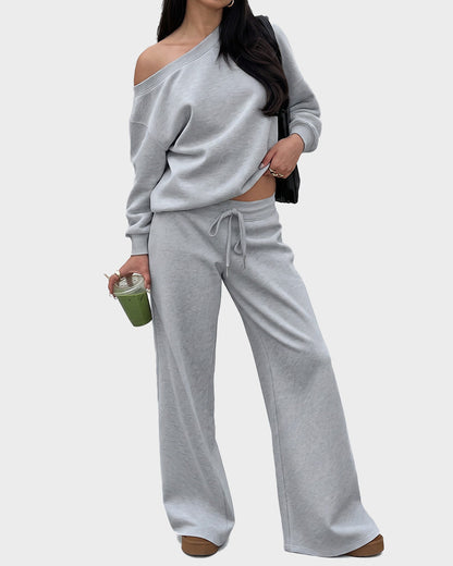 Off-Shoulder Wide-Leg 2-Piece Sweatsuit