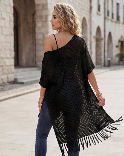 Open-Front Crochet Tassel Kimono Cardigan