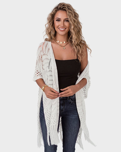 Open-Front Crochet Tassel Kimono Cardigan