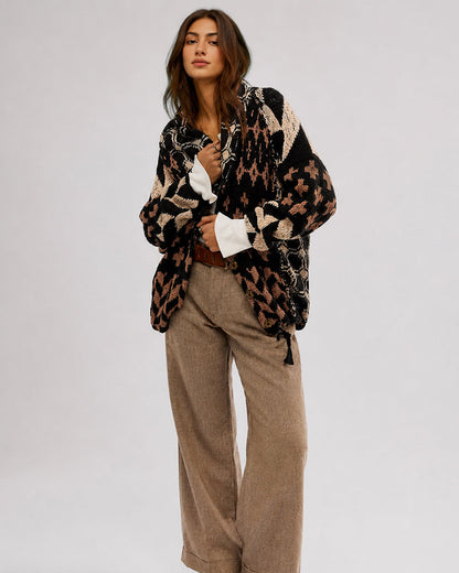 Oversized Graphic Button-Down Knit Cardigan
