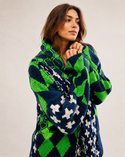 Oversized Graphic Button-Down Knit Cardigan