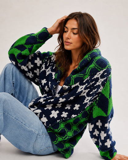 Oversized Graphic Button-Down Knit Cardigan