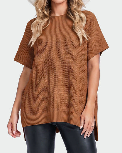Oversized Ribbed Knit Side-Slit Sweater Top