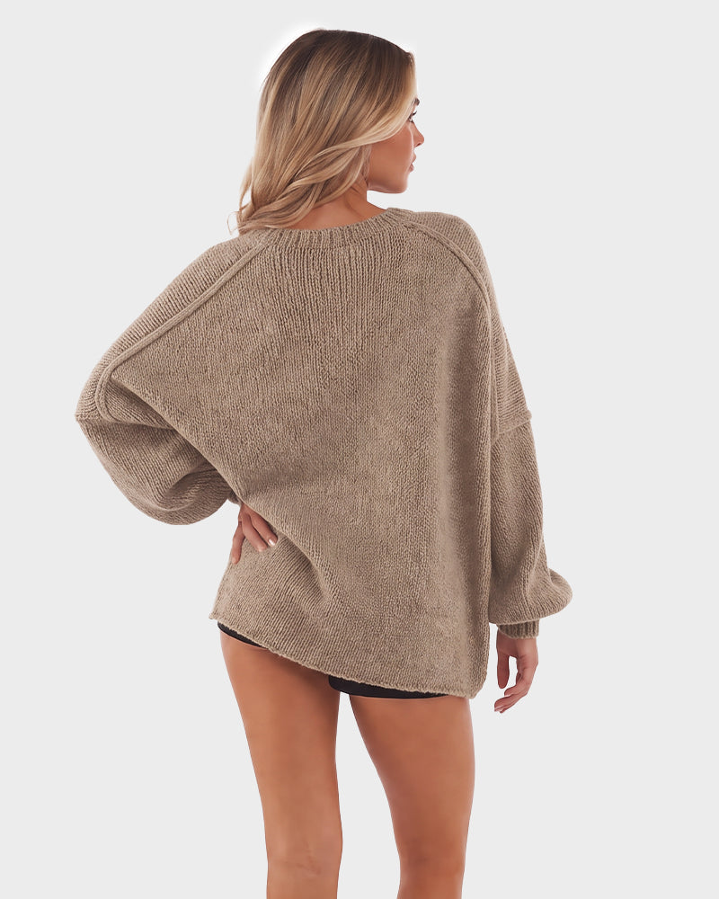 Oversized Lantern-Sleeve Open-Front Knit Cardigan