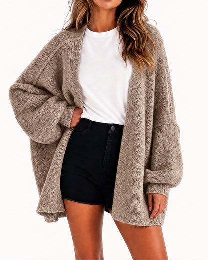 Oversized Lantern-Sleeve Open-Front Knit Cardigan