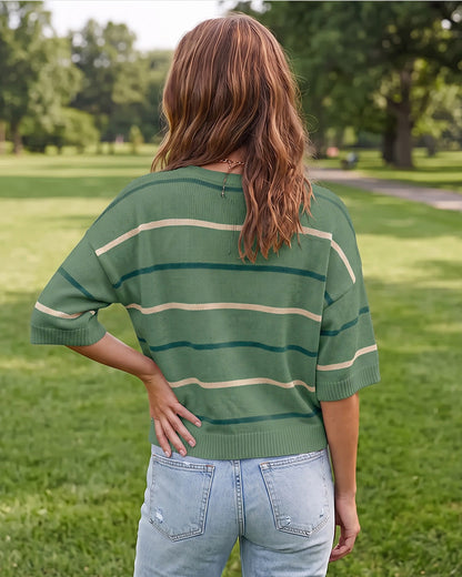 Relaxed Striped Crewneck Short-Sleeve Knit Pullover