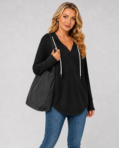 Relaxed V-Neck High-Low Tunic Hoodie