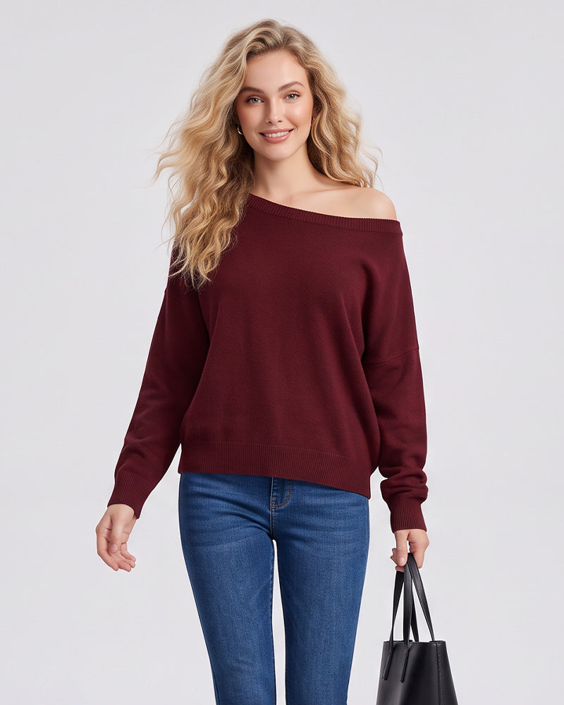 Relaxed Wide Scoop-Neck Drop-Shoulder Knit Sweater