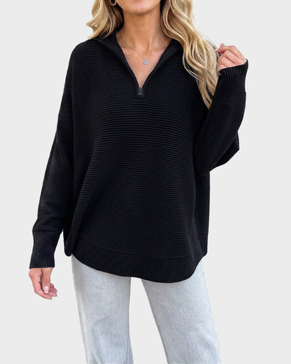 Ribbed Quarter-Zip Thumbhole Knit Pullover
