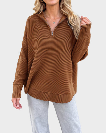 Ribbed Quarter-Zip Thumbhole Knit Pullover