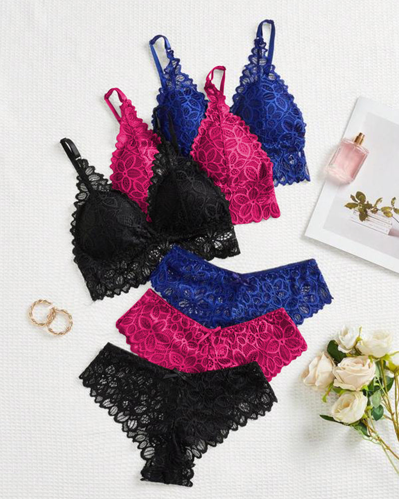 Romantic Lace Triangle Bra & Panty Lingerie Set(3 Pack)