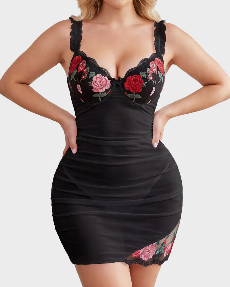 Sheer Mesh Lace Embroidered Babydoll Dress