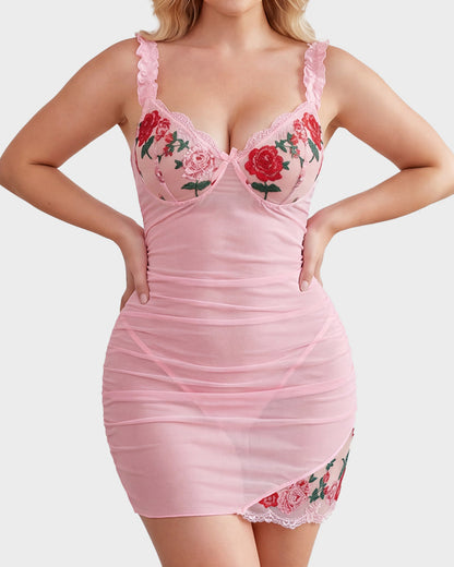 Sheer Mesh Lace Embroidered Babydoll Dress