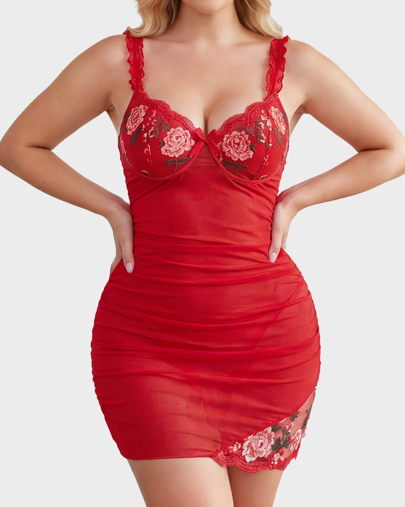 Sheer Mesh Lace Embroidered Babydoll Dress