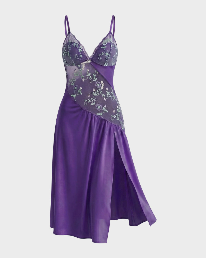 Sheer Embroidered Slit Lace Babydoll