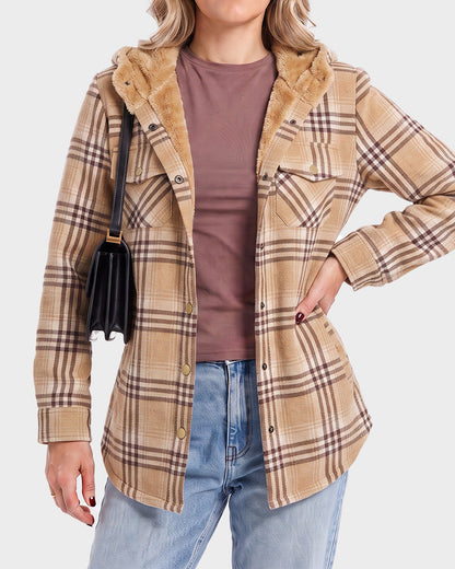 Sherpa-Lined Plaid Hooded Shacket