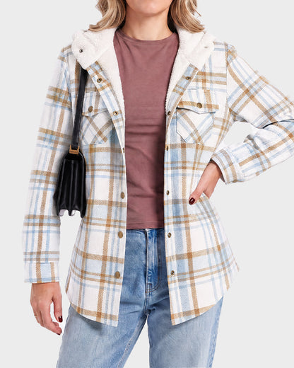 Sherpa-Lined Plaid Hooded Shacket